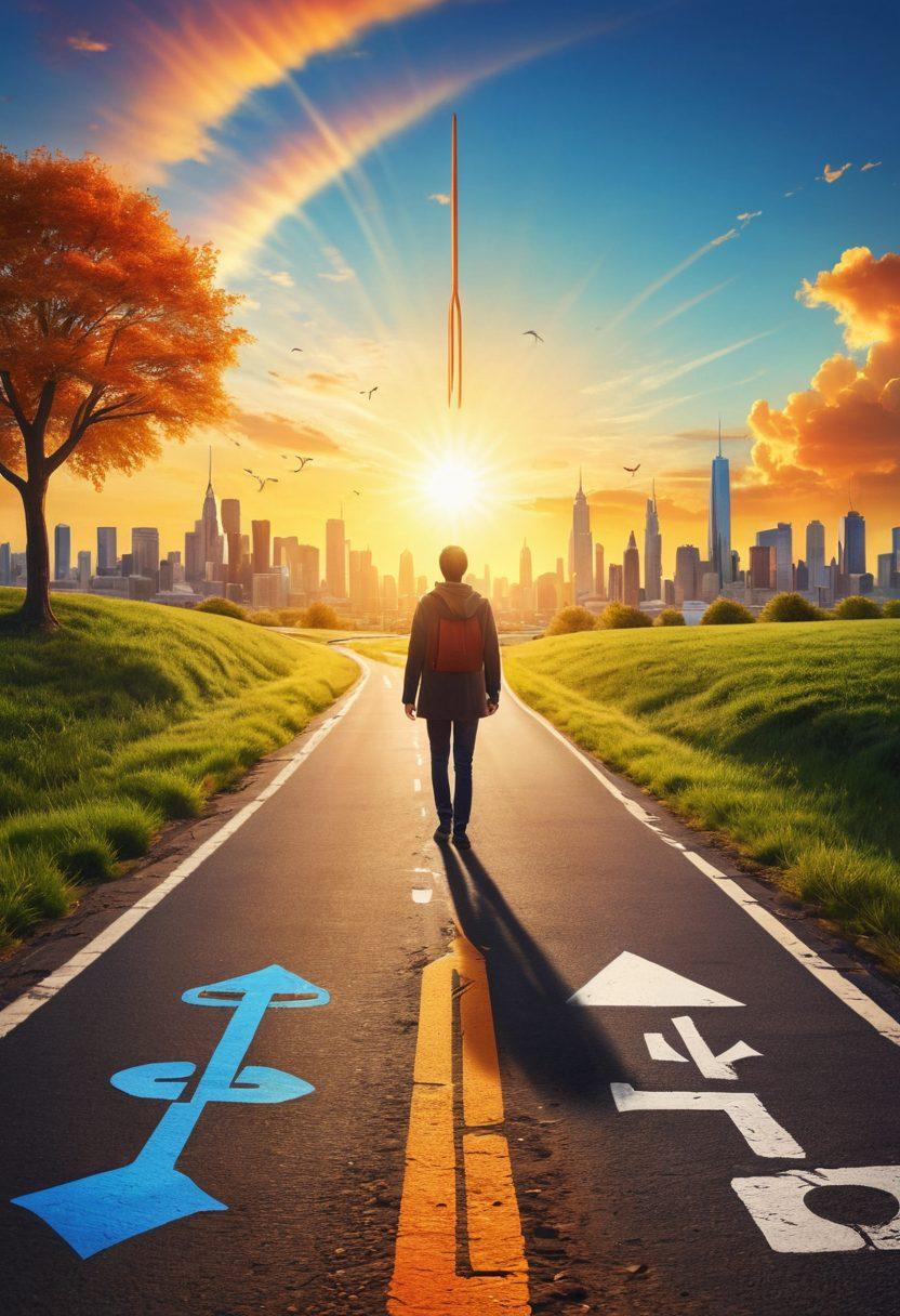 A person standing at a fork in the road, one path leading to a colorful cityscape representing diverse career options, and the other leading to a serene nature scene symbolizing personal passion. The sun is rising, casting a hopeful glow on both paths, with symbols of different professions gently floating in the air around them. super-realistic. vibrant colors. inspirational atmosphere.