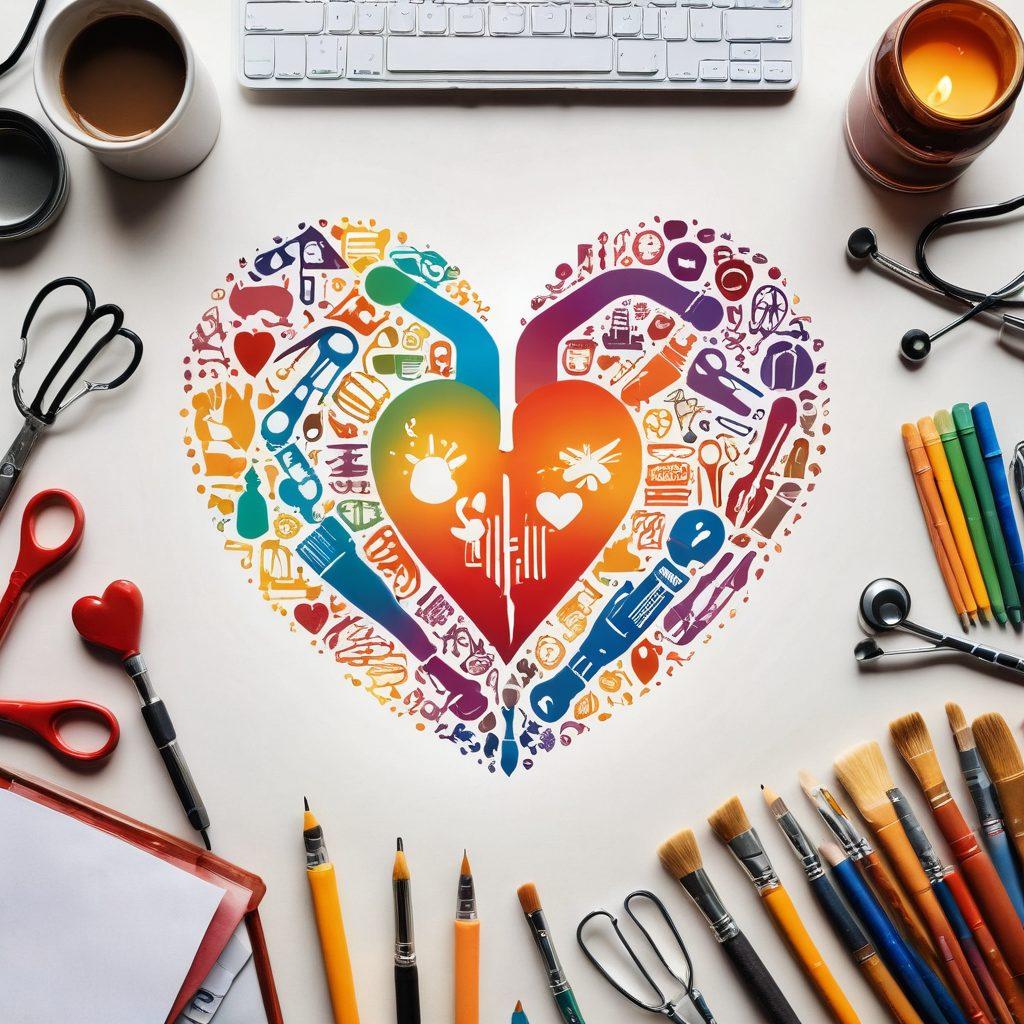 An inspiring image of a heart-shaped logo made of various tools and symbols representing different careers (like a paintbrush, laptop, stethoscope, etc.) surrounded by subtle bursts of colorful light. In the background, a warm sunset casting golden hues symbolizes hope and new beginnings in love and career. Include diverse individuals in a positive, collaborative environment. super-realistic. vibrant colors. white background.