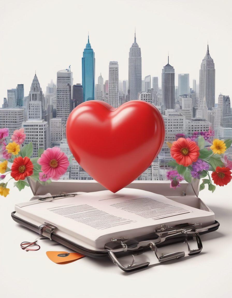 A whimsical scene depicting a heart-shaped resume transforming into a briefcase, symbolizing the transition from romantic relationships to career opportunities. In the background, a vibrant cityscape with diverse professionals networking, and playful elements like blooming flowers and gears to indicate growth and movement. Soft pastel colors enhance the inviting atmosphere. super-realistic. vibrant colors. white background.
